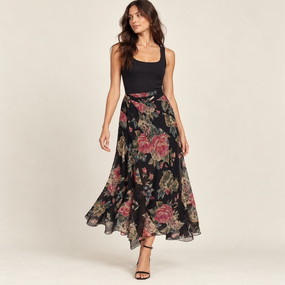 Soft Surroundings Emma Skirt S Black NWT Floral Maxi Chiffon Dark Coquette Boho